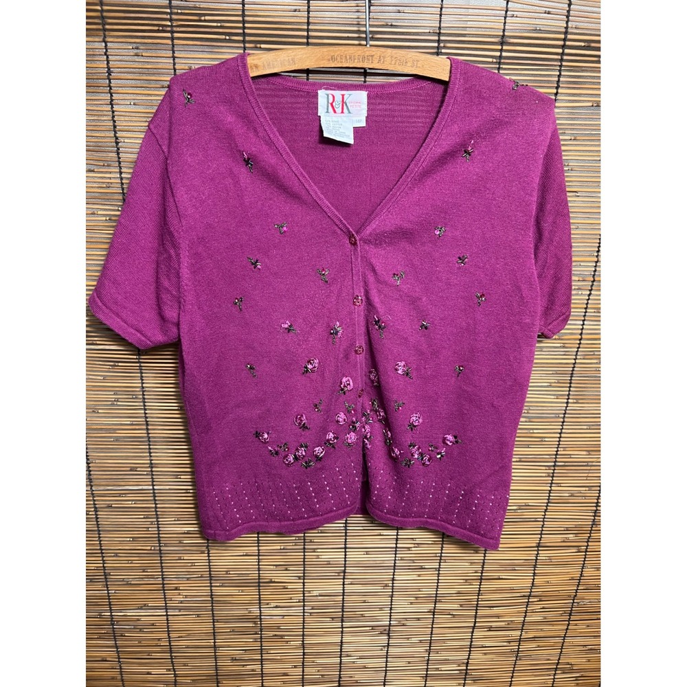 R&K Original Petite 14P Cardigan Top Magenta Pink Floral Beaded Ramie Cotton
